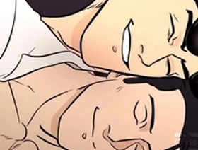 Hardcore scene with a muscle man and an anime lover