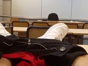 A French-Asian student in a university setting gets horny while studying and decides to have an orgasm in a rather risky manner.