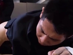 Young Asian men having rough gang bang with muscle jocks