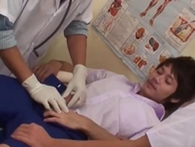 Young Asian boy gets a three woman bang in a medical office in uniform