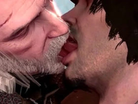 Gay game characters Geralt and Obbi share a passionate kiss with tongue.