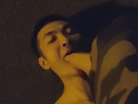 Gay BDSM action on a night drive with an Asian couple
