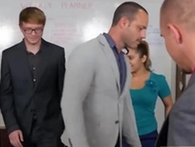 Gay hunk in suit gets it hard while blindfolded during a threesome