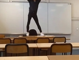 Jon Arteen, a twink student, performs a sexy dance in a classroom before a striptease in front of the teacher.