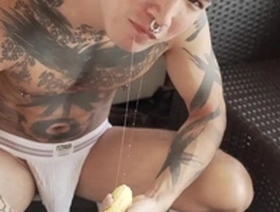 Young Japanese man Yoshi Kawasaki has a food fetish and masturbates.