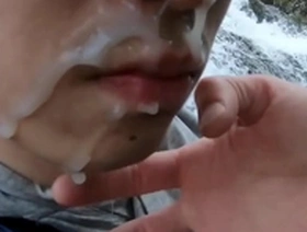 Asian twink sucks cock by waterfall