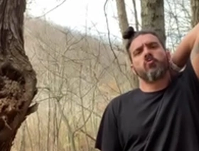 Horny latino hippie jerking off outside caught in the woods