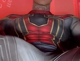 Stroking my massive cock in super hero costumes before shooting a huge load